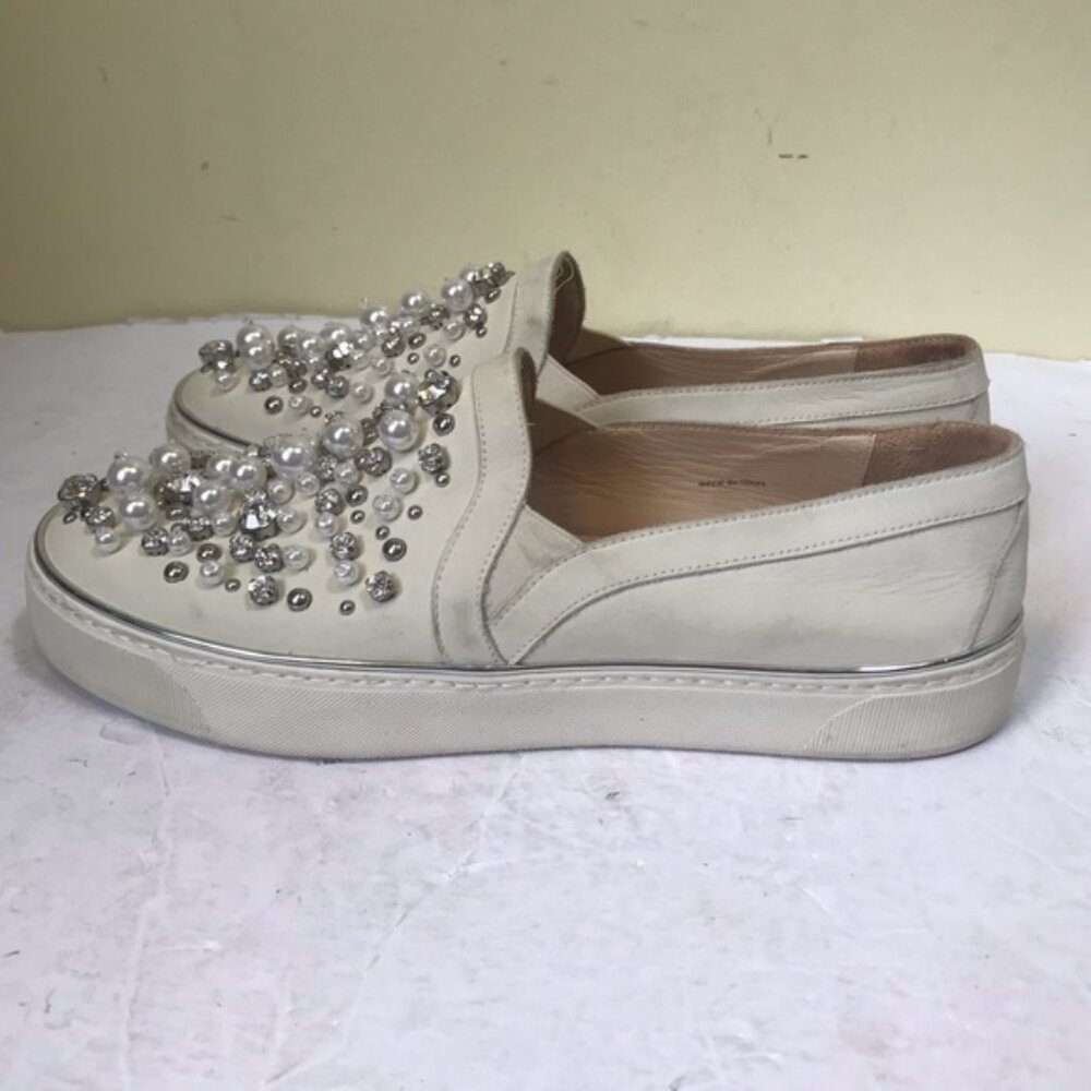 Stuart Weitzman Pearl Embellished Leather SlipOn Platform Sneakers Shoe Slides 7 - Picture 4 of 16